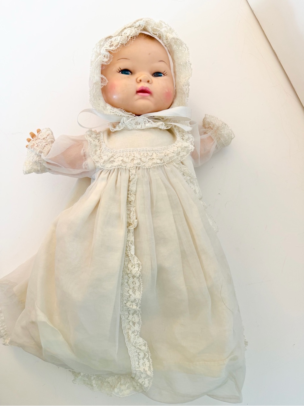 Vintage Doll Christening Gown with Lace Bonnet